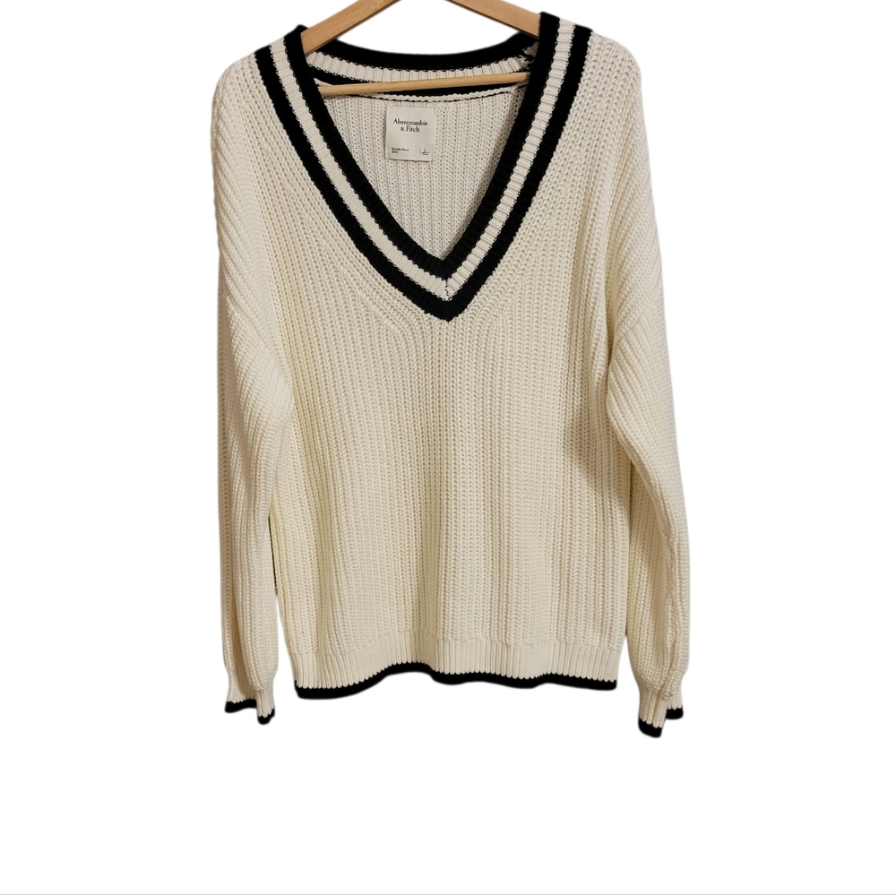 Abercrombie Varsity Stripe White Black Knit Sweater